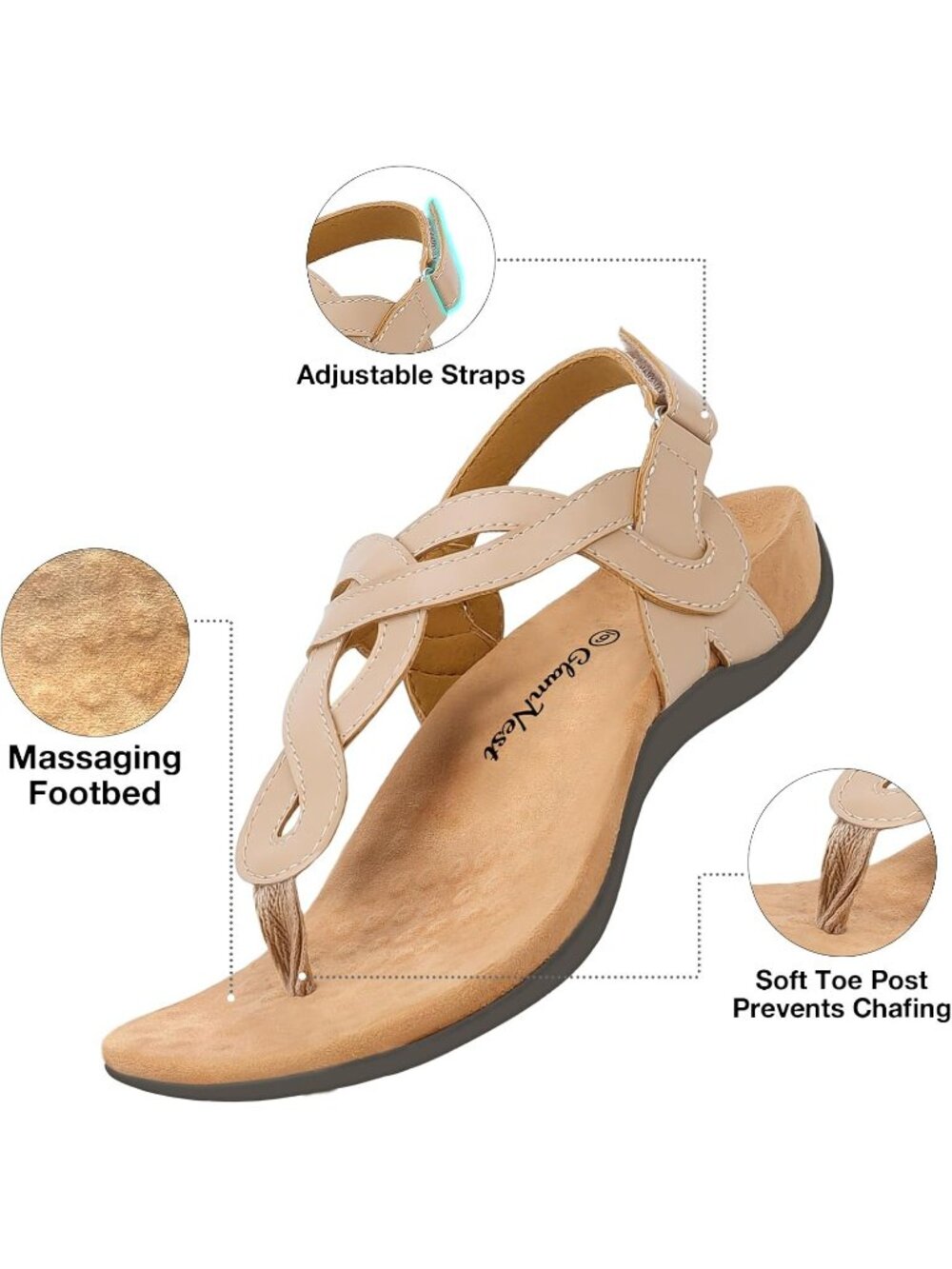Women’s Nude Comfortable Arch Support Casual Thong T-Strap Supportive Sandals - Picture 5 of 6
